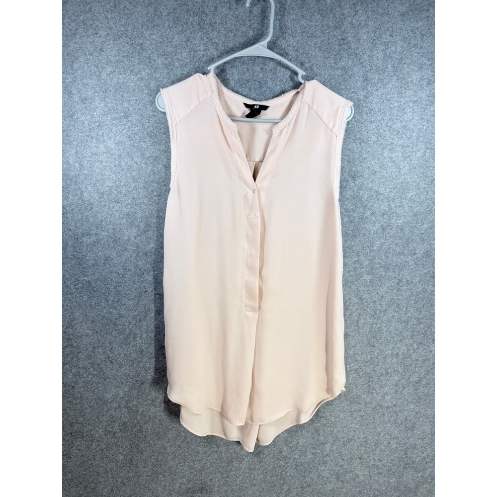 HM Women Blush Pink Sleeveless V-Neck Blouse Fringed Trim High Low Hem Size 8